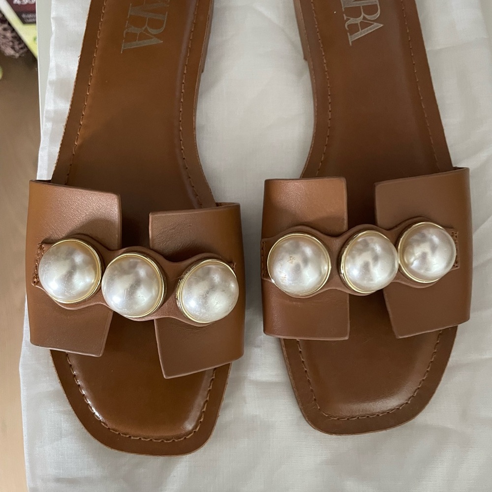 Brown Slide Sandals with Pearl Accents